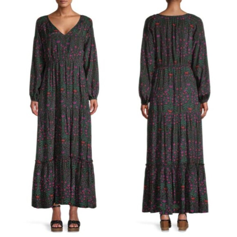 Roller Rabbit Small Floral Maxi Dress Rhone Berkley Long Sleeve V Neck Black